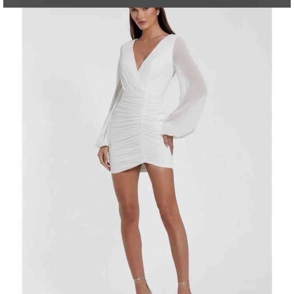 Ieena Mac Duggal 26655 White Long Sleeve Blouson Sleeve Ruched Mini Dress 0 NWT